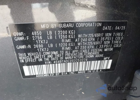 2025 Subaru Outback Premium from USA, damaged, VIN 4S4BTADC0S3253276